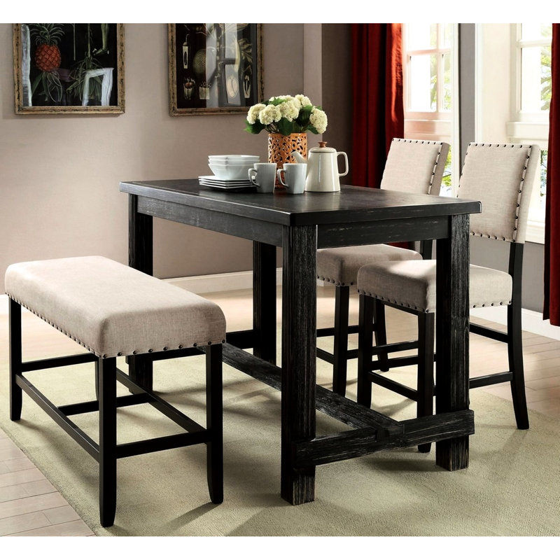 Table de salle à manger à hauteur de comptoir antique antique - charme rustique, plateau solide noir classique, stable
