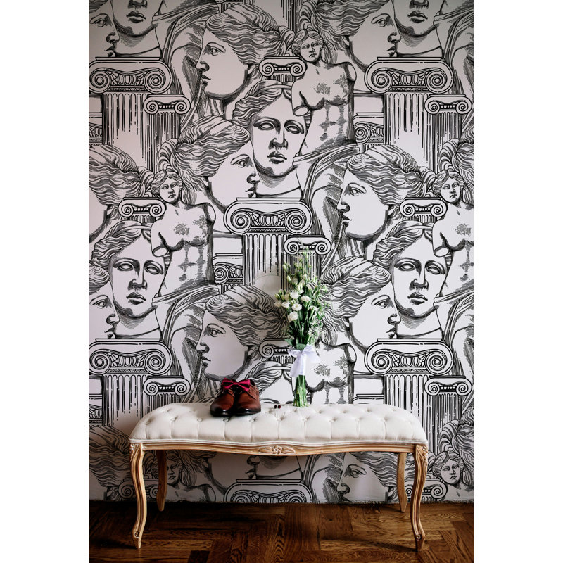 Black and White Classical Statue Sketch Wallpaper, 75"L x 112"W