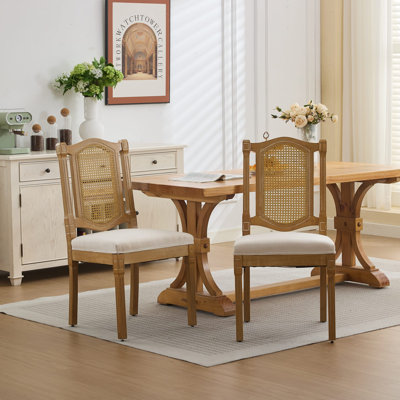 Ensemble de 2 chaises de salle à manger en bois massif à dossier en rotin, coussin de siège en lin beige mat avec mousse à haute résilience et ressorts en S, conception classique durable pour salle à manger rustique / naturelle, café