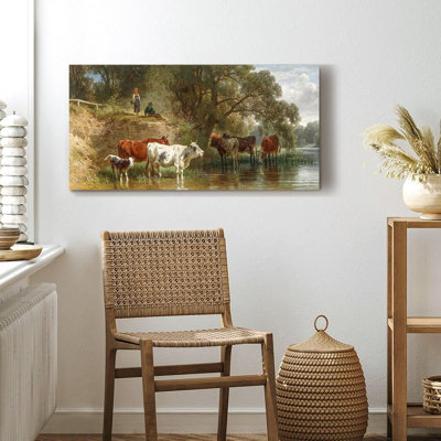 Wall Art For Living Room, Riverside Animal Landscape Vintage Wall Decor, Herding Cattle Pastoral Canvas Painting, Retro Cow Pictures Home Decor For Bedroom Kitchen, 24X48 Inch