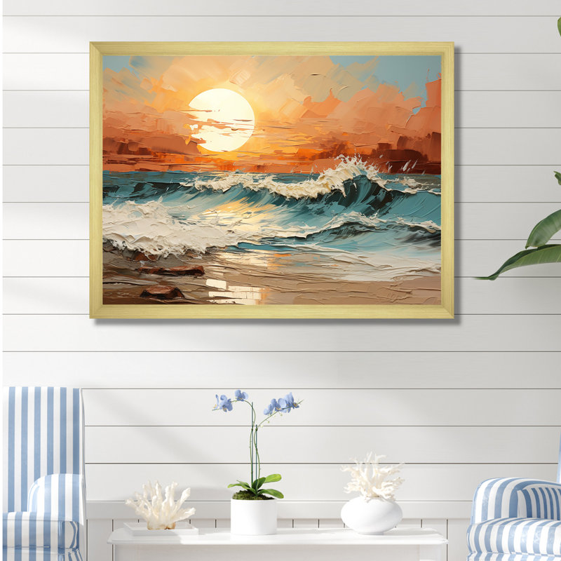 Poff - Décoration murale plage et océan, H 16 po x l 32 po x P 1 po, Cadre doré simple