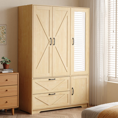 Armoire 4 portes avec miroir, armoire à DEL avec portes et 2 tiroirs, armoire de rangement en bois avec tringle, tablettes réglables, blanc
