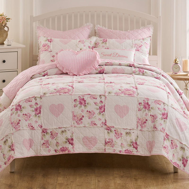 Ensemble de courtepointe réversible Veronica's Hearts, Courtepointe pour lit simple + 1 taie décorative 