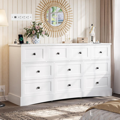 Bedroom Dresser With 10 Drawers, 55.2" Long Dresser Tv Stand With Charging Station, Farmhouse Dresser Chest Of Drawers, Large Wood Storage Tower Organizer Dresser For Bedroom Living Room