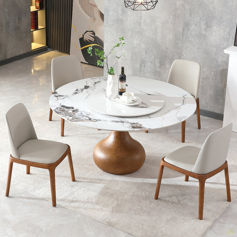 Table de salle à manger moderne en marbre, table ronde en pierre frittée de 59 po pour la salle à manger, cuisine, coin-repas, espace compact avec plateau tournant (table seulement)