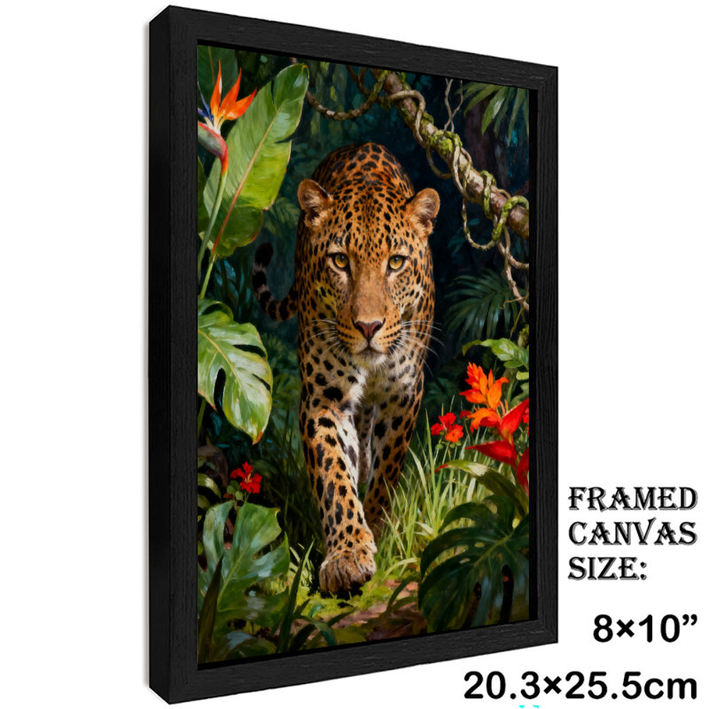 Reproduction d'art encadré noir rétro léopard de la jungle et hibiscus, H 11 po x l 9 po