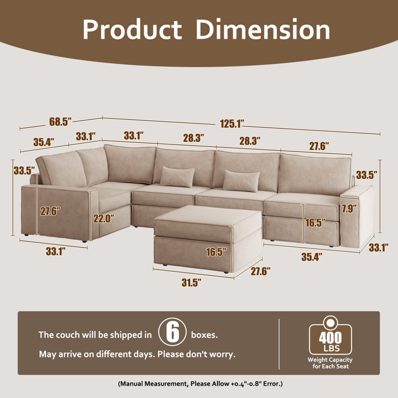 Modular L-shaped Sectional Corduroy Sofa With Movable Ottoman, Beige Corduroy