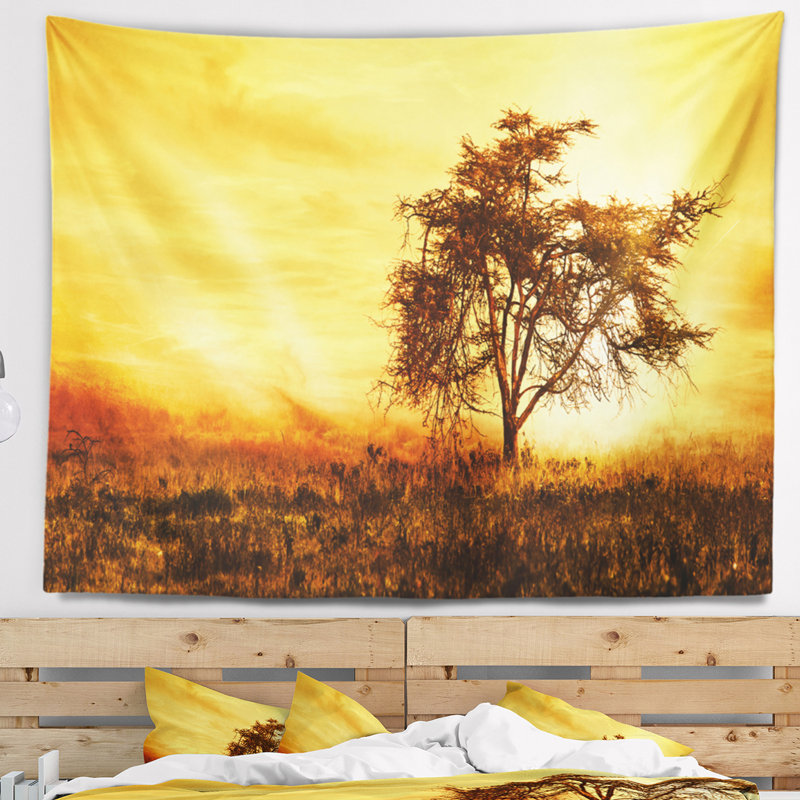 Paysage, arbre africain, tapisserie, silhouette, H 32 po x l 39 po