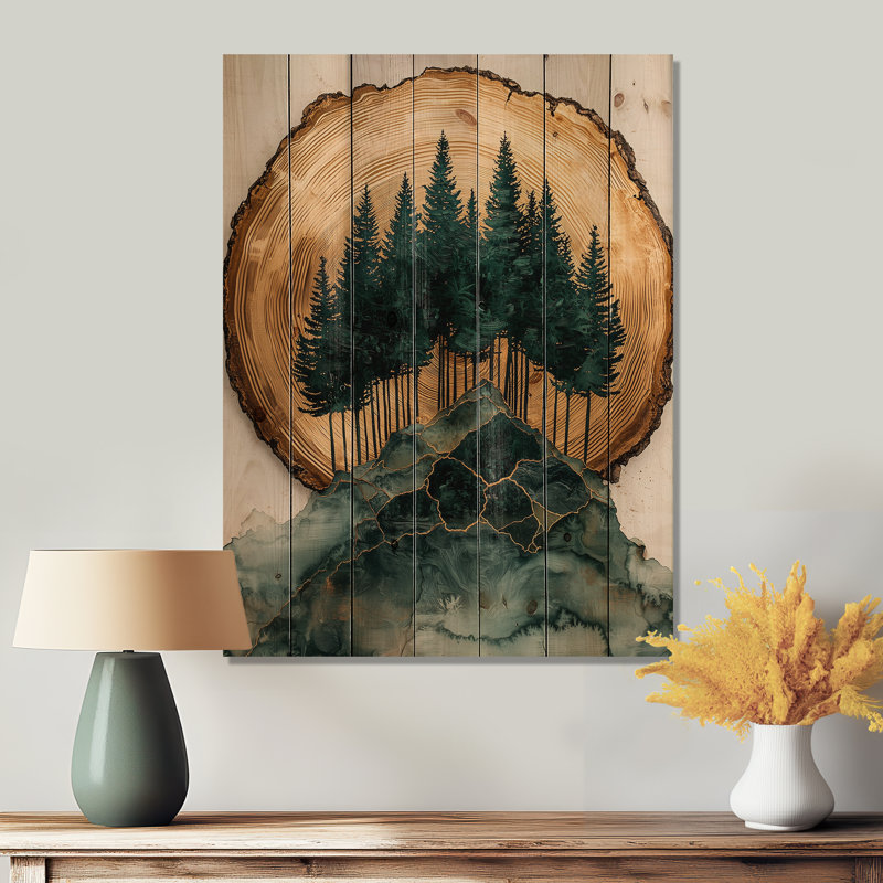 Pin noir sur glissière d'arbre en bois - Décoration murale bois de forêt - sur bois de pin naturel
