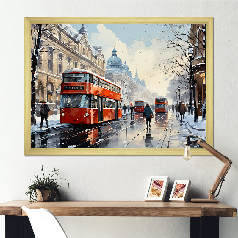 London Urban Red Bus In UK - Bus, art mural, Cadre doré à coins fermés, H 34 po x l 44 po x P 1,5 po