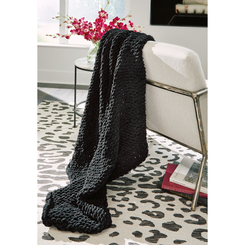 Hand-Knitted Black Chenille Polyester Throw Blanket