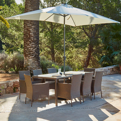 Ahmid 8 Seater Rattan Garden Dining Set with Cream LED Premium Parasol & Cover