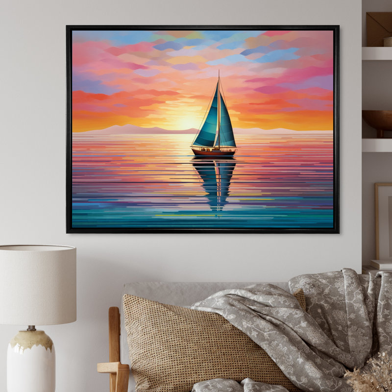 Voilier abstrait Horizon I, H 16 po x l 32 po x P 1 po, Cadre flottant noir