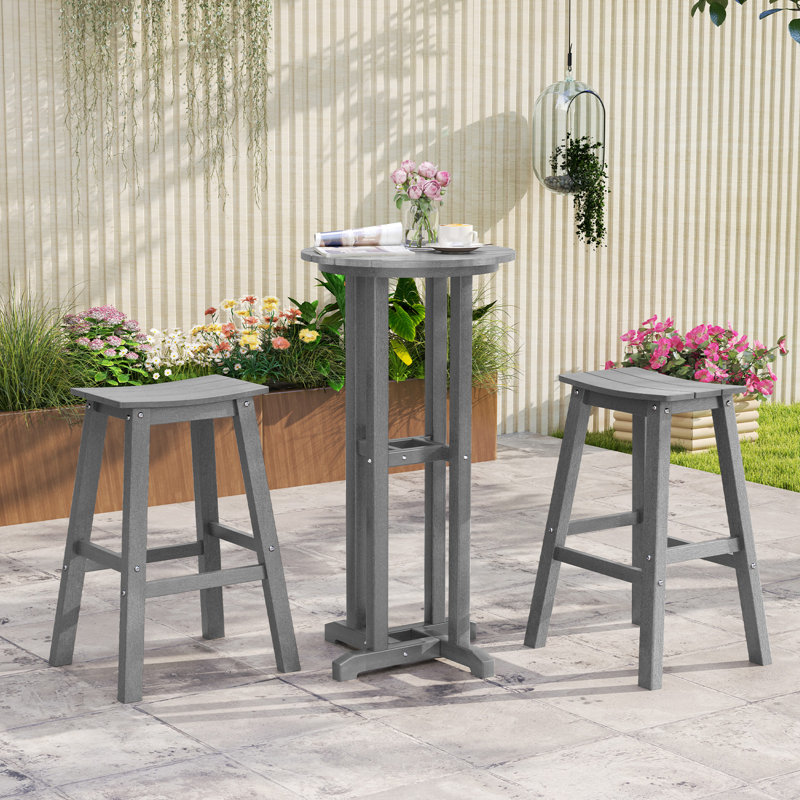 3PCS Outdoor HDPE Bar Table & Chair Set for 2 w/ Footrests for Garden Yard Pool, Gray