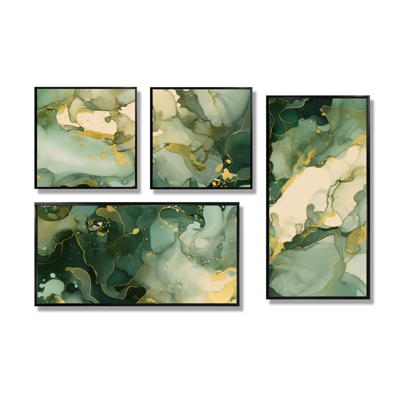 «Green Luxury Abstract Fluid Art I», art mural vert, 4 pièces, Impression encadrée sans passe-partout, Noir