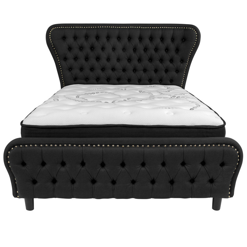 Lit plateforme tapissier avec matelas Tamia, Double, Noir
