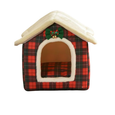 Christmas Cat Bed Indoor, Cozy Plaid Tent Cave With Cushion For Small Pets And Dogs, Large Size