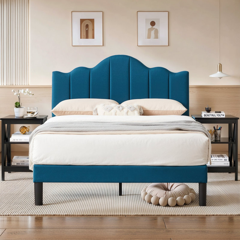 Lit double tapissier double avec 2 tables de chevet - Ensemble de chambre à coucher moderne, Lit double