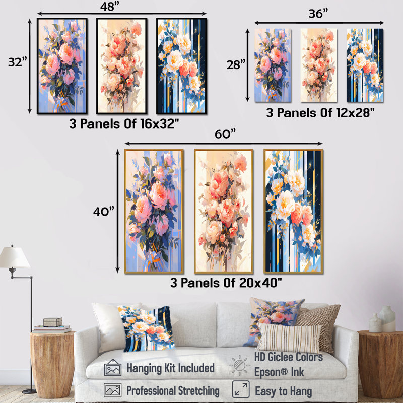Peony Whisperes Bouquet - Ensemble de 3 impressions sur toile pivoine, Cadre flottant brun, H 40 po x l 60 po