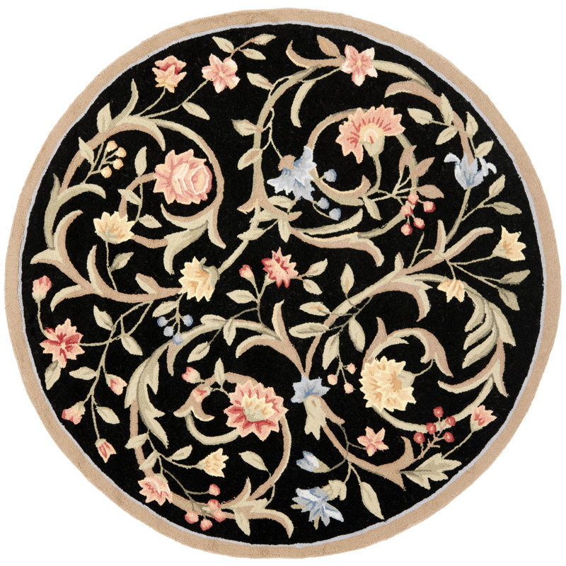 Tapis noir / beige en laine crocheté à la main à motif floral Hollander, Rond 5 pi 6 po