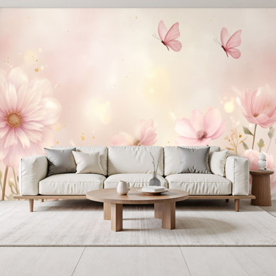 Peel and Stick Wallpaper Soft Pink Floral Garden Butterflies Gentle Pastels Wall Murals 69"H x 96"W Removable PVC Wall Paper Self-Adhesive Wall Decor for Bedroom Living Room Home Office Bathroom Nursery