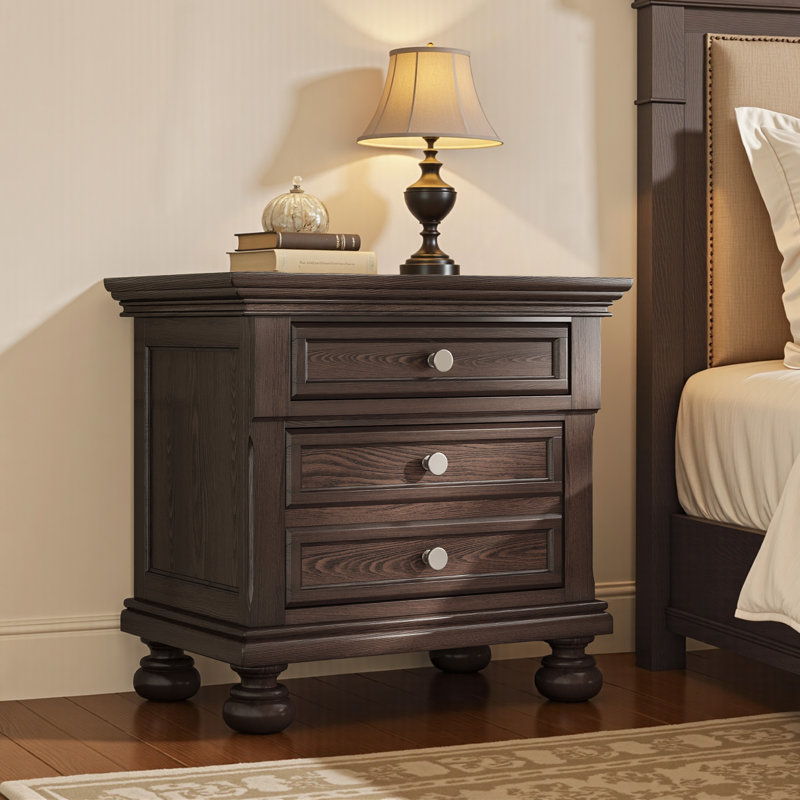 26'' W Classic Solid Wood 2-Drawer Nightstand with Roman Column Legs,Minimal Assembly Needed,Dark Brown
