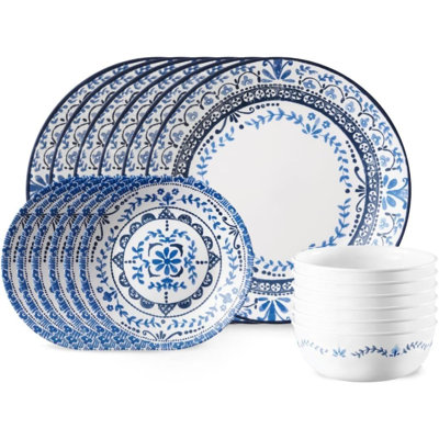 Ensemble de vaisselle 18 pièces pour service de vaisselle Vitrelle, triple couche en verre et résistant aux éclats, assiettes rondes et bols Portofino