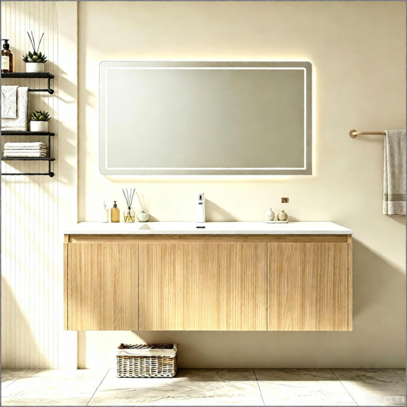 Meuble-lavabo suspendu double vasque de 122 cm (48 po) avec rangement dissimulé et armoire sous-vasque contemporaine, chêne jaune