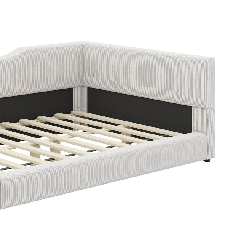 Structure de lit moderne rembourrée en forme de L avec velours côtelé, Beige, Lit double