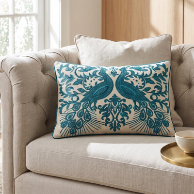 Embroidered Peacock Lumbar Pillow 16 x 24 x 6" with Filler