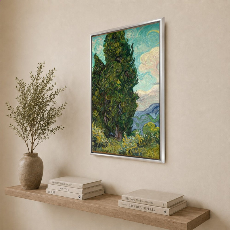 Cypress par Vincent Van Gogh - Impression sur toile, 27,5 po x 39,5 po / cadre biseauté / argent