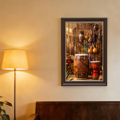 Carved Wooden Drum and Djembe with Hanging Masks and Beads Canvas Wall Art
