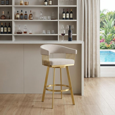 Robinett Modern Swivel Counter or Bar Height Bar Stool with Arms and Open Low Back in Metal and Faux Leather
