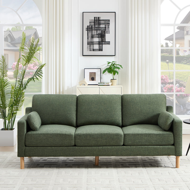 84'' W Upholstered  Modern Square Arm Sofa, Dark Green Linen
