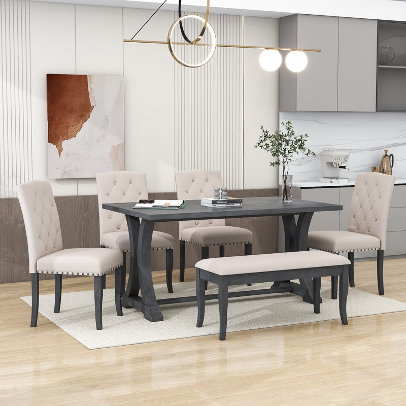 Govany 6 - Person Dining Set, Antique Gray, Antique Gray, Antique Gray/Beige