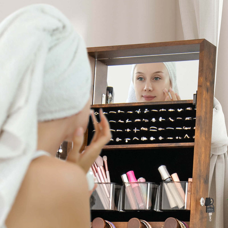 Led Mirror Jewelry Cabinet With 20 Led Lights Full-length Mirror Adjustable Angles, Brown