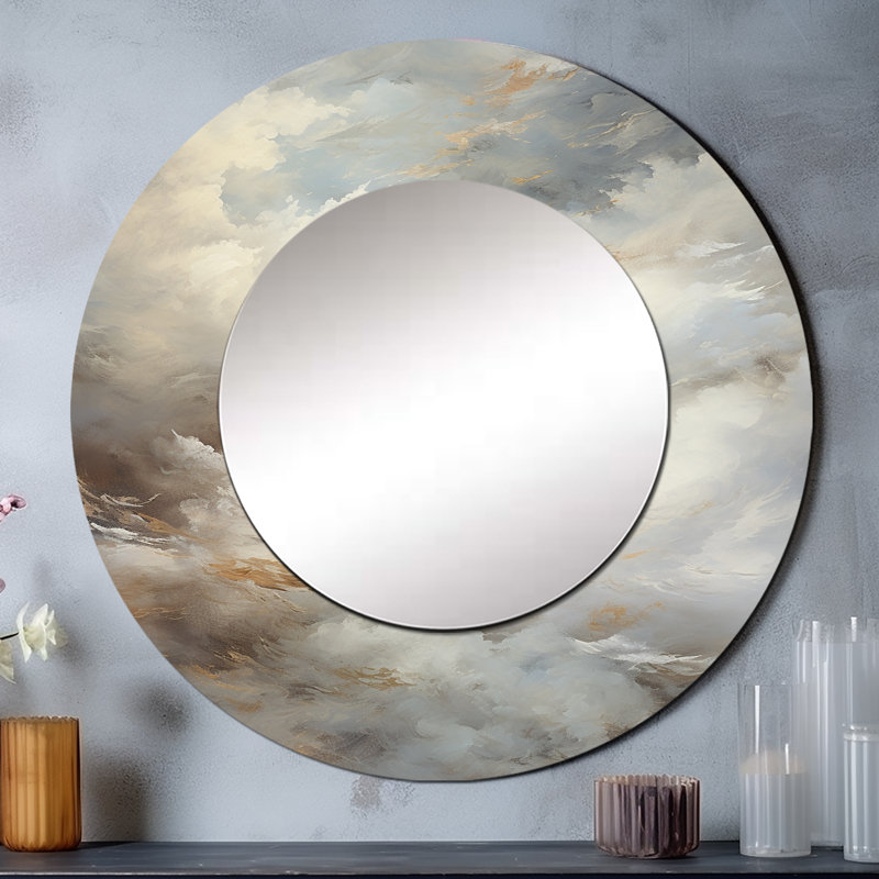 Mystic Grey Clouds Horizon II - Coffee Wall Mirror, Gray Round Decorative Mirror, Printed Metal Art, 23" x 23"
