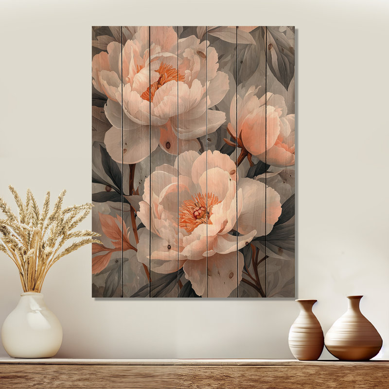Pink Sunlit Garden - Peonies Wood Wall Decor - On Natural Pine Wood, 32" H x 24" W x 0.78" D