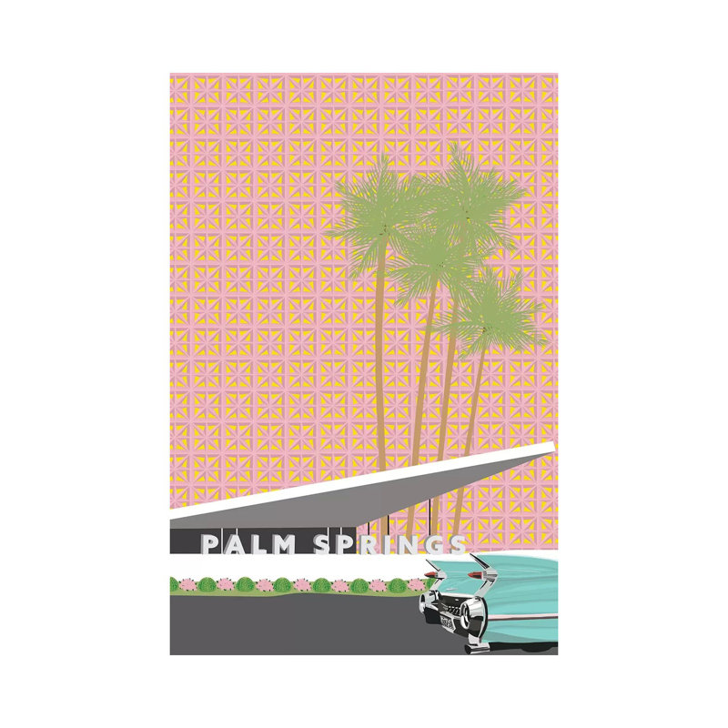 Palm Springs With Convertible by Jen Bucheli - Print on Canvas, Wrapped Canvas, 30.48cm H x 20.32cm W x 1.9cm D