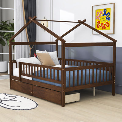 Wood House Bed with 2 Drawers, Roof Design and Guardrails
