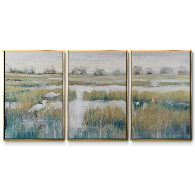 Marshland View V, ensemble de 3 toiles encadrées, H 36 po x l 75 po x P 2 po, Encadrement doré