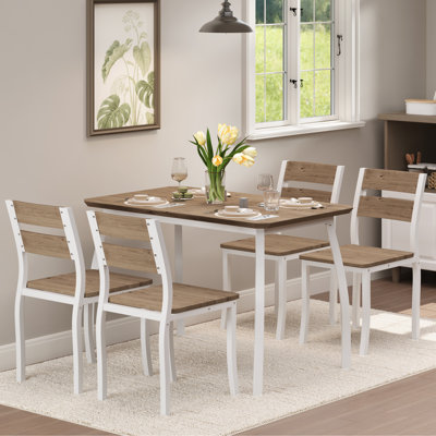 Ensemble de table de salle à manger 5 pièces pour 4 personnes, table de cuisine d'appartement avec chaises rembourrées grises, mobilier moderne peu encombrant avec structure en métal noir, brun et blanc