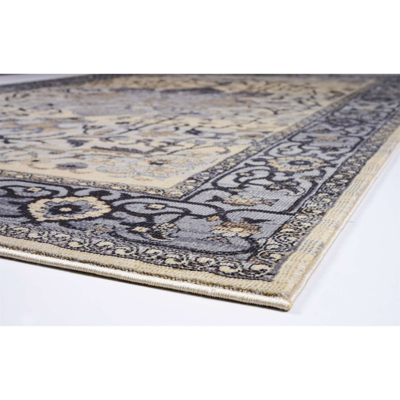 Tapis gris / bleu / beige en polypropylène à motif oriental tissé à la machine 5 pi x 8 pi, Rectangle 5 pi 3 po x 7 pi 7 po