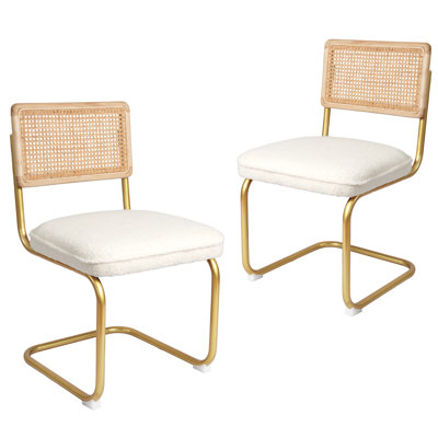 Ensemble de 2 chaises de salle à manger en rotin sans accoudoirs, chaises de cuisine rembourrées en molleton doux avec dossier tissé et pieds robustes en métal doré - sièges peu encombrants pour la salle à manger, coin repas et restaurant, blanc
