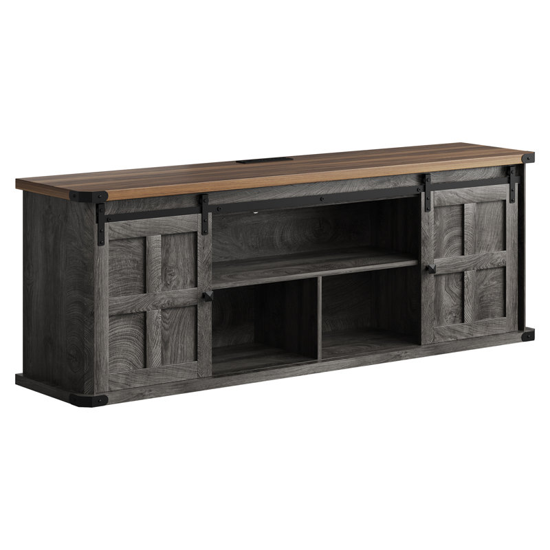 Farmhouse TV Stand for 75 Inch TV, Entertainment Center with Storage Cabinets and Sliding Barn Doors, Rustic Gray/Brown