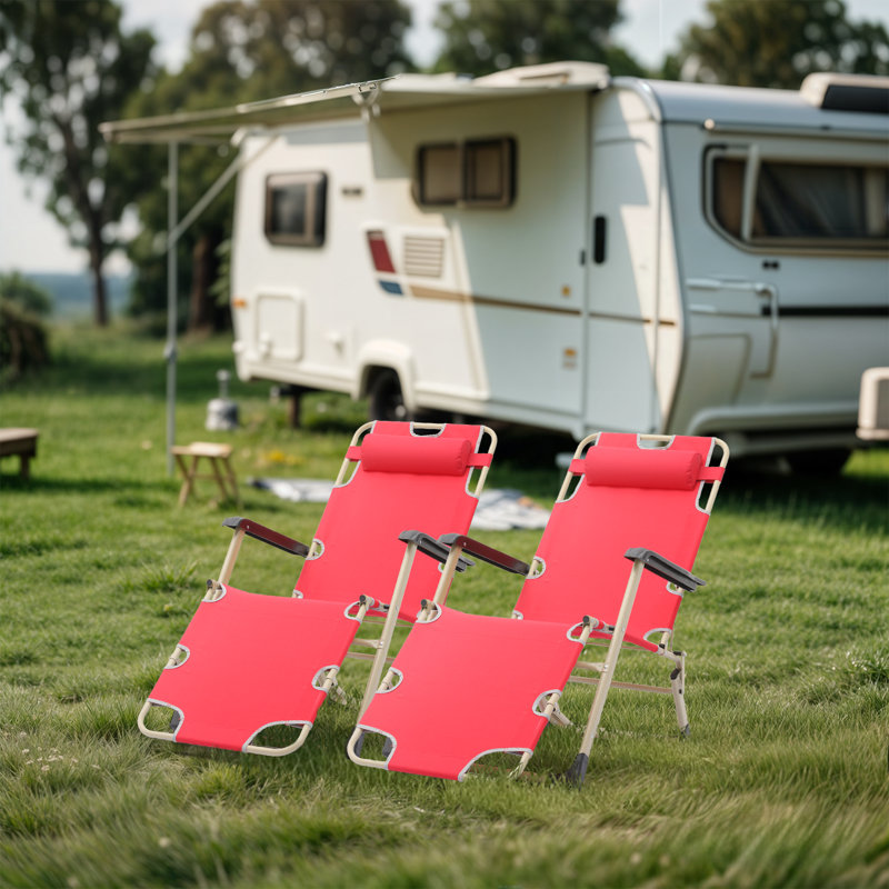 Outdoor Folding Lounge Chairs Recliner, Foldable Reclining Chair with Adjustable Backrest and Pillow, Red