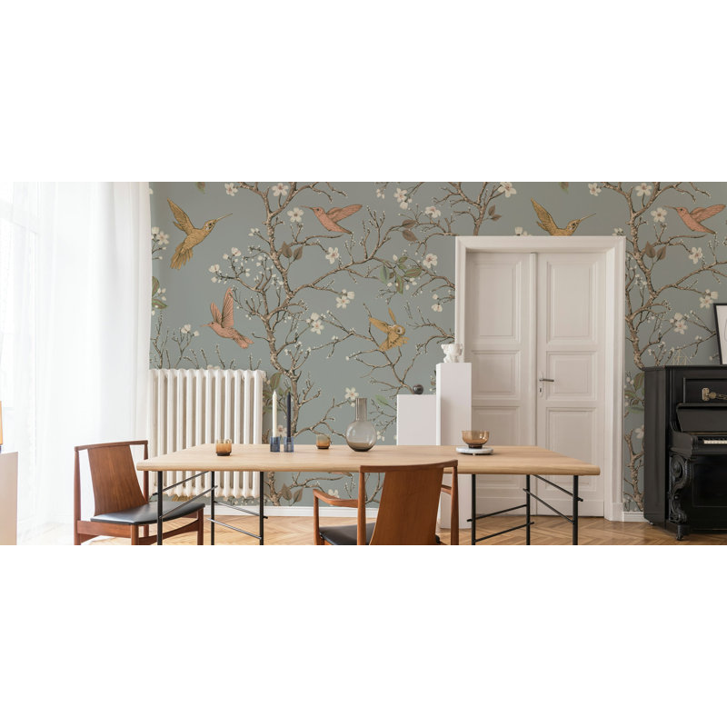 Sage Bird and Blossom Branches Wallpaper, 50"L x 75"W