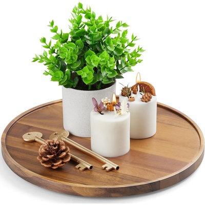 Plateau rond en bois d'acacia, plateau de service décoratif en bois et pièce maîtresse pour table basse, cuisine de ferme et décoration intérieure