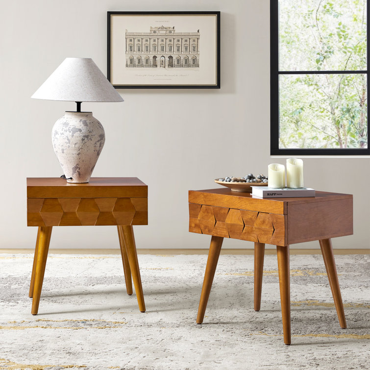 Sara Mid-Century Modern Nightstand With Pull-Out Shelf and Built-in Charging Station(Set of 2)