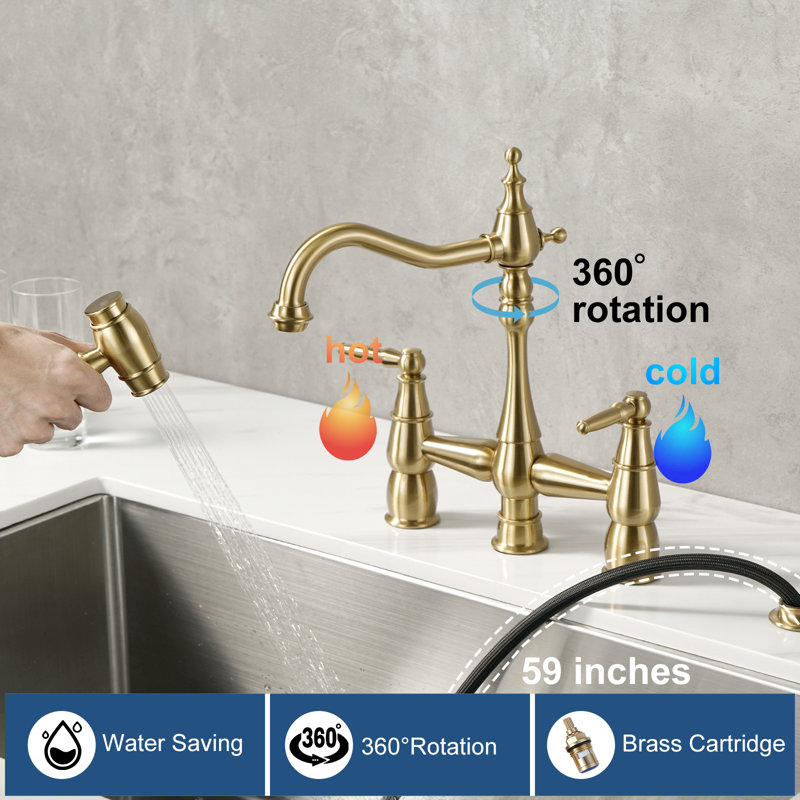 Double Handle Bridge Kitchen Faucet With Faucet-side Sprayer In Brushed Gold, Brushed Gold